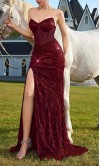 Glamorous black strapless prom dress with sheer corset bodice, sequin patterned lace, and high leg slit HPPD718