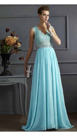 Turquoise Lace V-neck Long Prom Dress Sheer Back KSP459