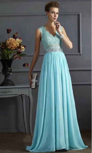 Turquoise Lace V-neck Long Prom Dress Sheer Back KSP459
