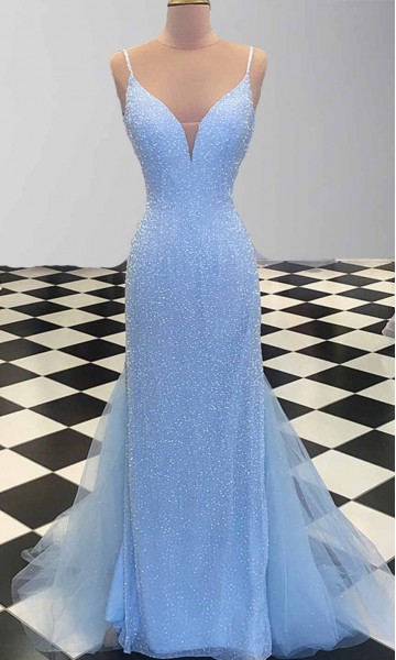 Glitter Blue Tight Evening Prom Dresses with Fishtails KSP498