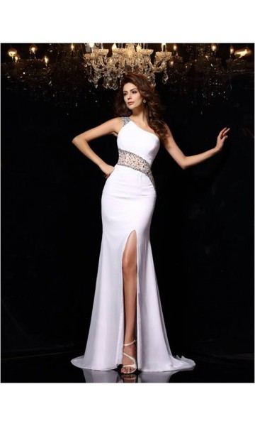 one shoulder mermaid white dress for prom
