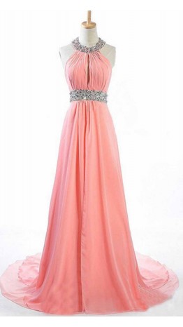 Pink Sequin Halter Keyhole Long Prom Dresses KSP443