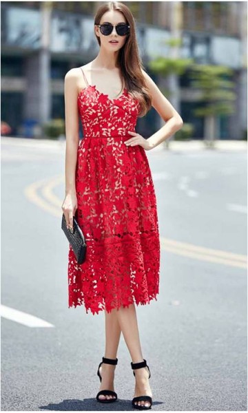 Spaghetti Long Floral Lace Tea Length Party Dresses KSP448