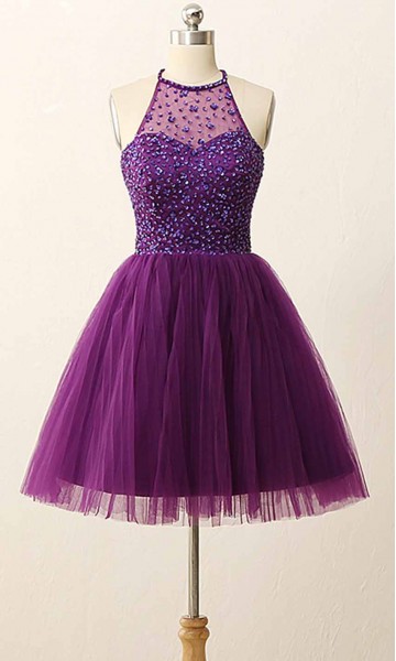 Purple Halter Beaded Short Graduation Prom Dresses KSP454