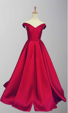 Red Satin Off Shoulder Full Length Prom Gowns KSP456