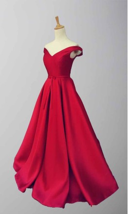 Red Satin Off-Shoulder A-Line Full Length Prom Dress KSP456