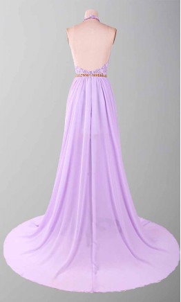 Plum Floral Lace Long Backless Prom Dress with Train KSP460