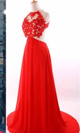 Red Lace Halter Open Back Prom Dresses Long KSP466