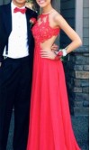 Red Lace Halter Open Back Prom Dresses Long KSP466