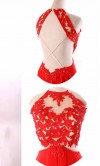 Red Lace Halter Open Back Prom Dresses Long KSP466