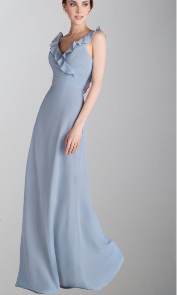dusty blue Frilled V-neck Long Straps Bridesmaid Dress
