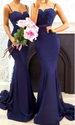 Blue lace Mermaid Bridesmaid Dress with Spaghetti Straps KSP497