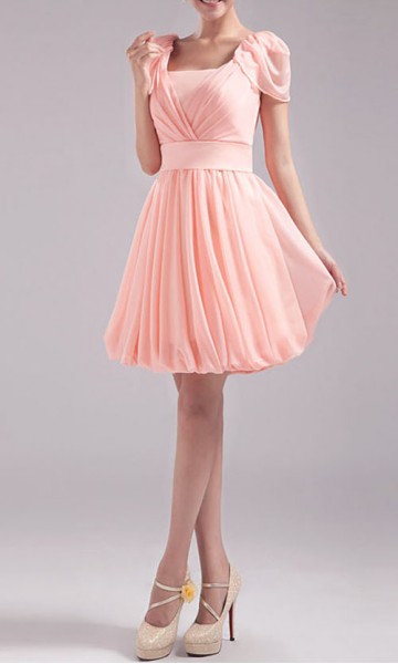 Scoop Neck Cap Sleeves Pink Chiffon Prom Dress KSP039