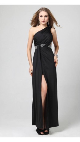 Agreeable Black One Shoulder Split Formal Dresses KSP049