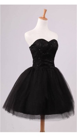 Little Black Tulle Strapless Party Dress Lace Up Back KSP121