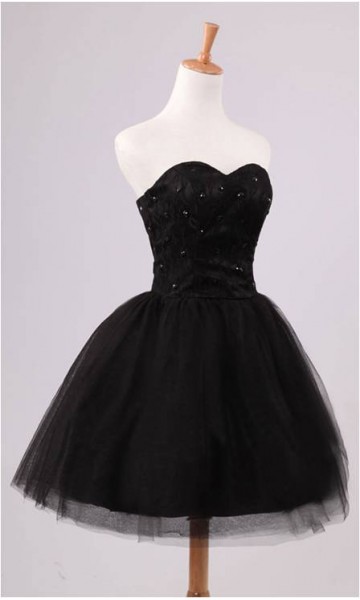 Little Black Tulle Strapless Party Dress Lace Up Back KSP121