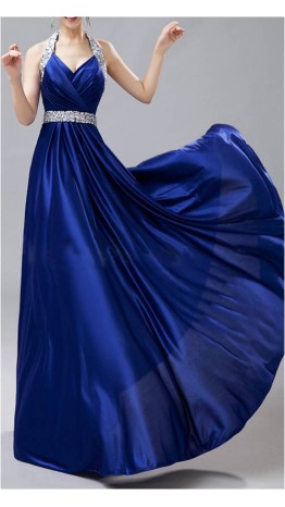 Blue Halter Neck Floor Length Satin Prom Dress KSP156