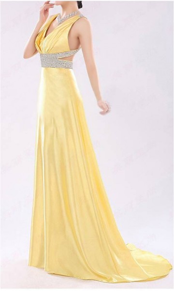 Deep V-Neck Long Satin Prom Dresses/Evening Dress KSP163