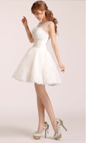 Cute White Short Lace Prom Dress with Pearl Mesh Top