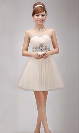 Rhinestone Strapless Short Beige Prom Party Dress
