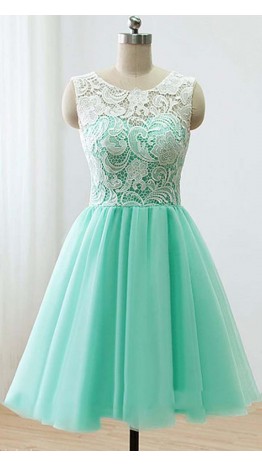 Cute White Lace Short Mint Green Grad Dresses KSP244