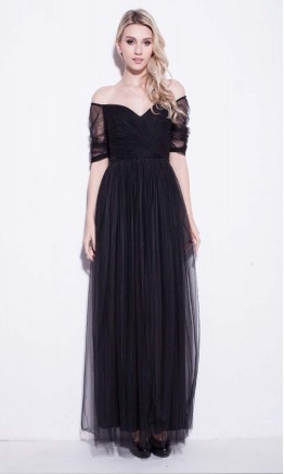 Black Tulle Off Shoulder Long Prom Dresses 