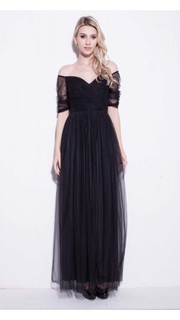 Black Tulle Off Shoulder Long Prom Dresses UK KSP250