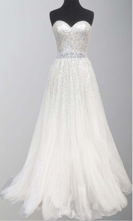 Long champagne sequin prom gown with romantic sweetheart neckline and floor-length skirt KSP254