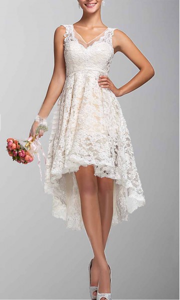 Ivory Lace V-neck High Low Bridesmaid Dresses KSP256