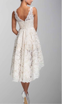 Long ivory high-low bridesmaid dress with lace V-neck bodice and asymmetrical skirt KSP256