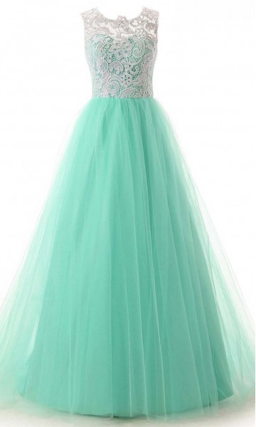 Retro Lace Covered Long Teal Princess Prom Gown KSP272