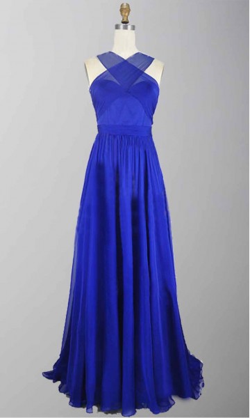 Blue Cross Strap Cut Out Back Long Prom Dress