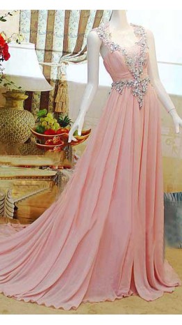 Pink Plunging Sheer V-Neck Long Prom Dress with Keyhole Back KSP276