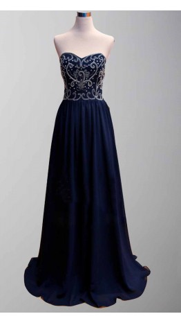 Dark Navy Blue Dazzling Embroidery Long Formal Dresses KSP285