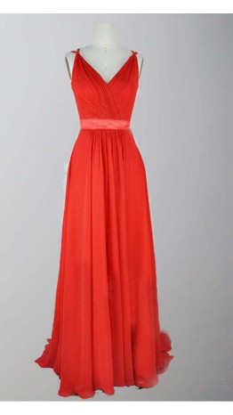 Red Long V-neck Chiffon Prom Party Dresses KSP288