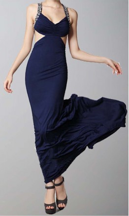 Navy Blue Cut Out Sheath Pleated Train Prom Dresses KSP292