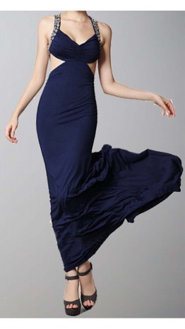 Navy Blue Cut Out Sheath Pleated Train Prom Dresses KSP292