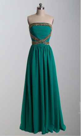 Green Strapless Golden Sequin Long Prom Dresses