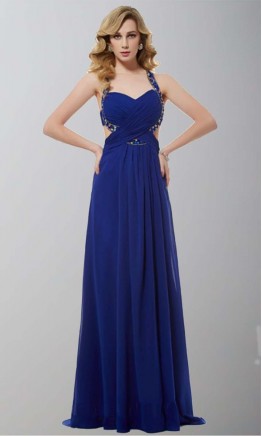 Blue Backless Cross Strap Long Prom Dresses