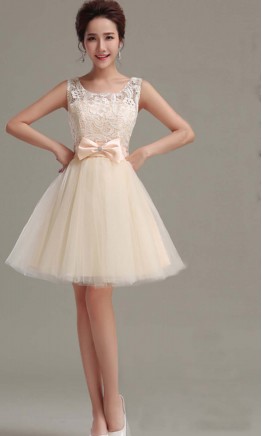 Cute Beige Retro Bow Knot Short Prom Gown