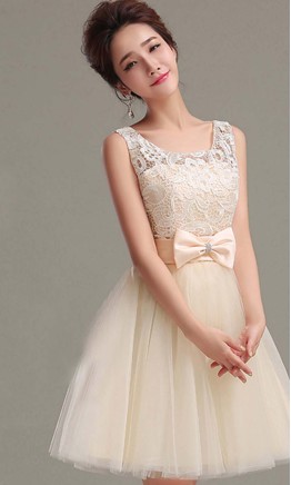 Short beige vintage prom dress with elegant scoop neckline and large decorative bowknot KSP348