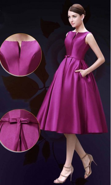 Elegance Slash Pocket Mid Length Satin Formal Dresses