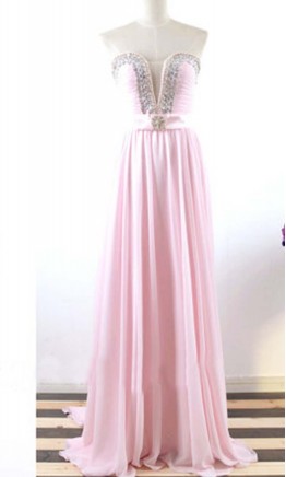 Crystal Sheer Plunge Long Pink Prom Dresses