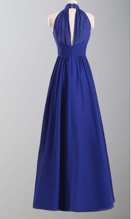 Long blue chiffon bridesmaid dress with high neck, keyhole detail, and sexy open back KSP368