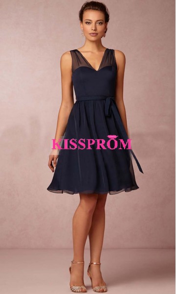 Elegant V-neck Short Dark Navy Bridesmaid Dresses KSP371