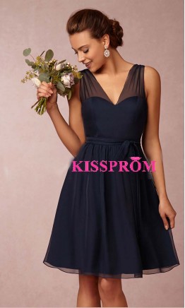 Elegant V-neck Short Dark Navy Bridesmaid Dresses KSP371