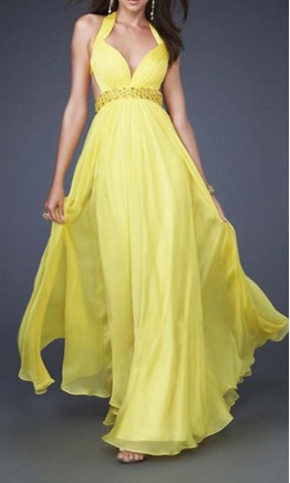 Yellow Halter Backless Long Prom Dresses