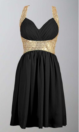 Black and Gold Sequin Straps Short Prom Dresses