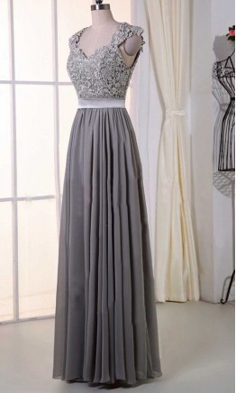 Gray Lace Cap Sleeves Long Bridesmaid Dresses 