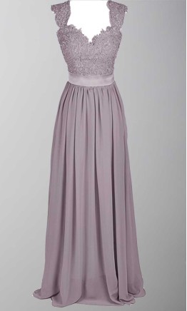 Long gray bridesmaid dress with floral lace bodice and elegant cap sleeves KSP385